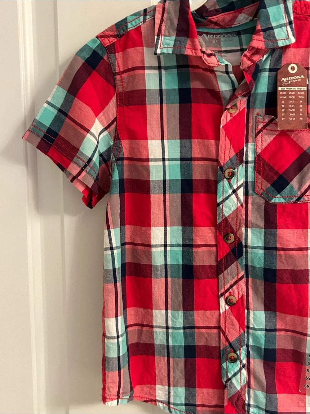 NWT-Boys Arizona Jean Company Red and Teal Plaid Short-Sleeve Button-Down Shirt